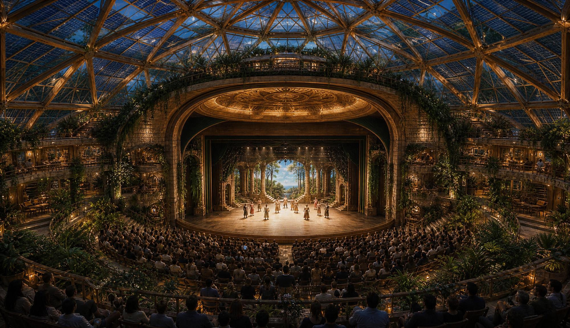 A vast theatre under a dome at night: a gilded proscenium, hundreds of people in the audience, a lit stage.