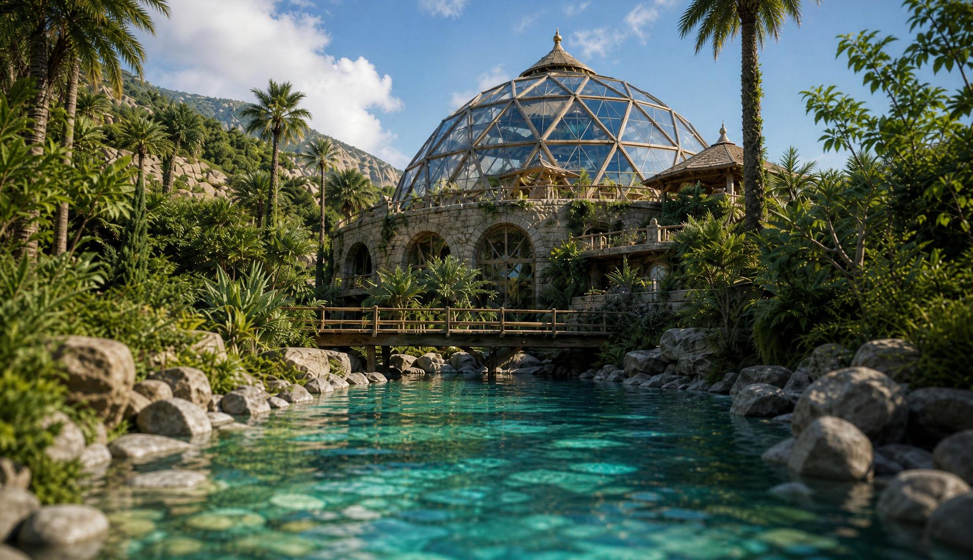A single glass dome on a stone arcade, a timber footbridge over a turquoise pool, palms and mountain behind it.