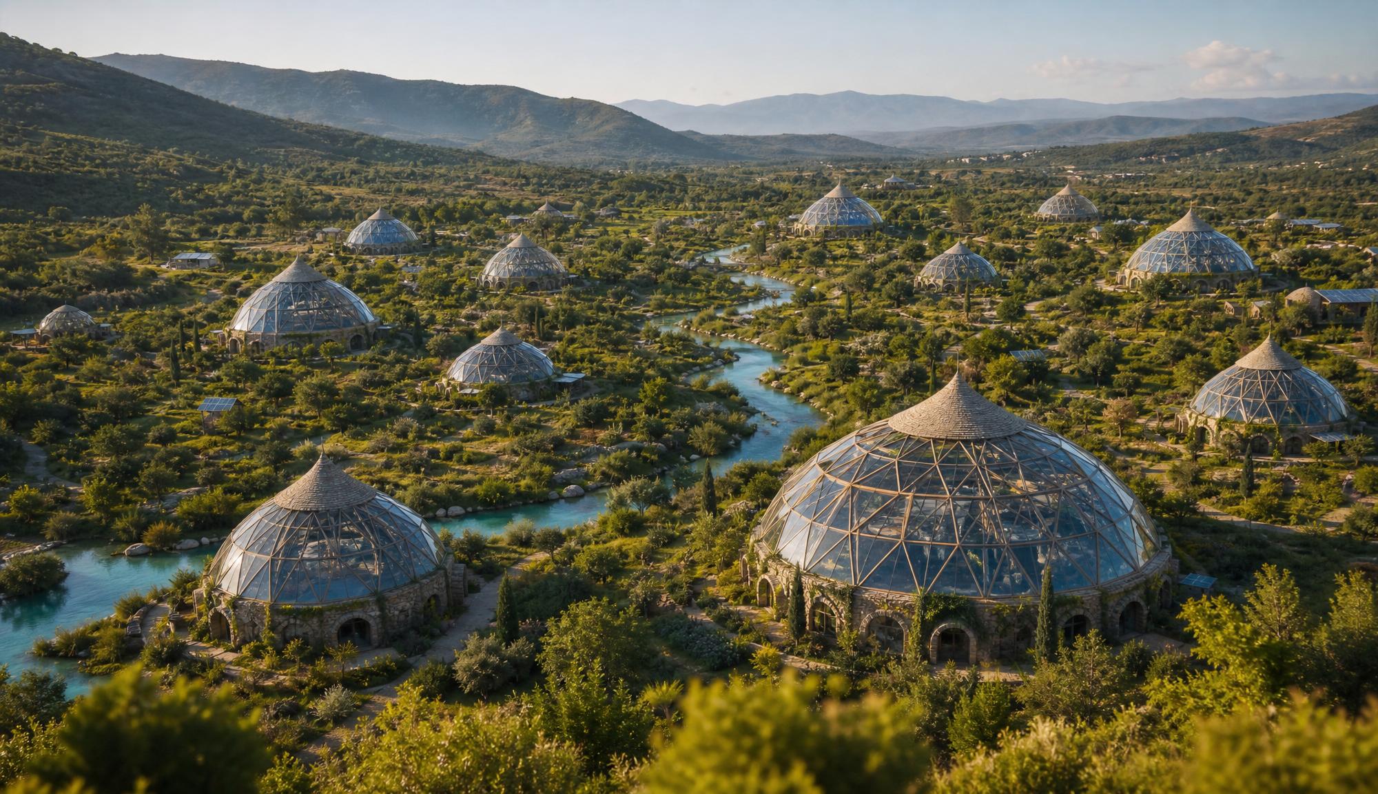Domes scattered across dry Mediterranean hills, solar panels beside them, a blue river through the valley floor.