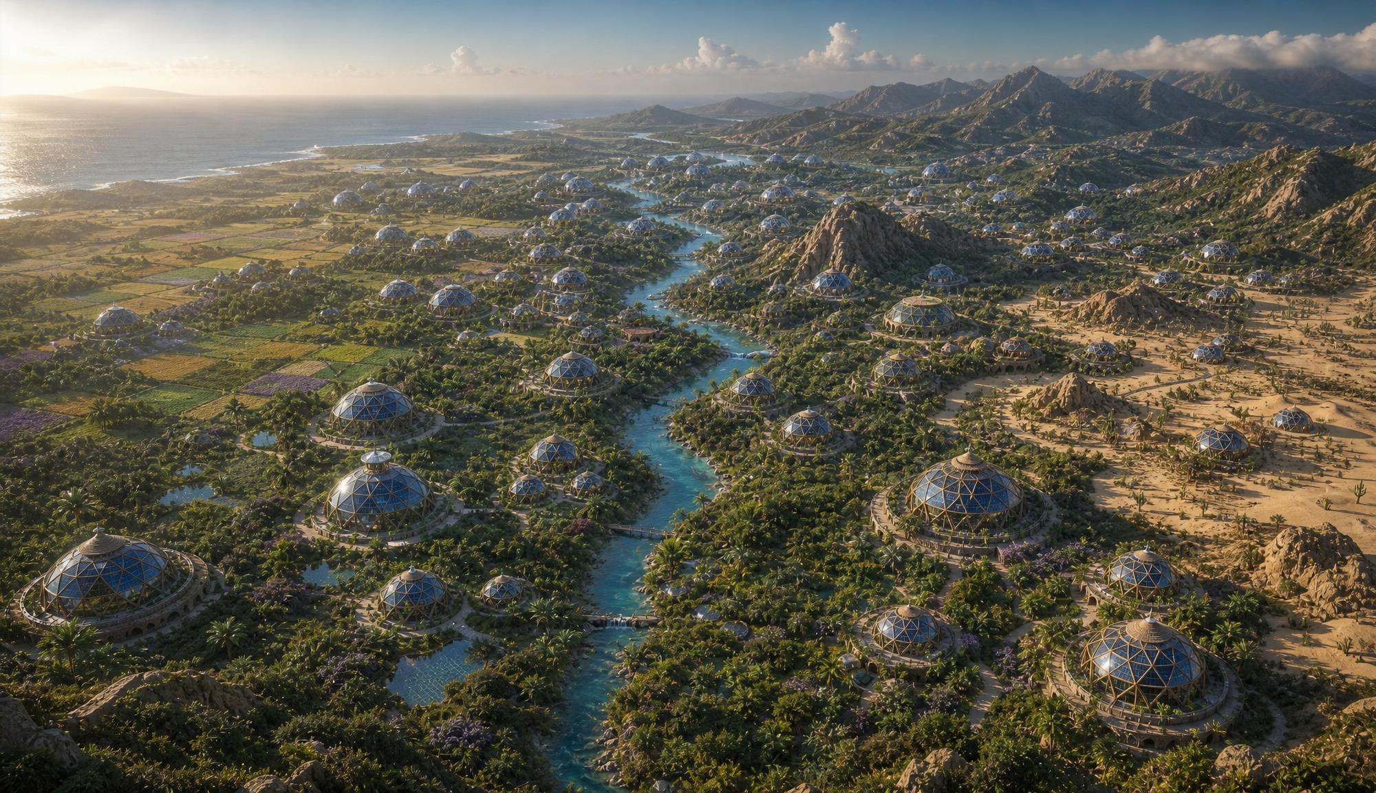 A wide aerial: domes set among cultivated green fields, a river running out to a pale desert coast.