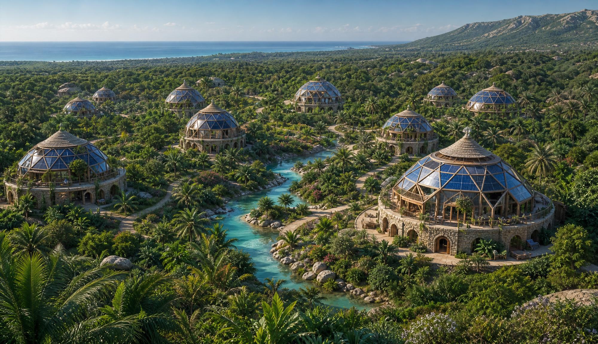Eight domes following a turquoise river along a coast, linked by footpaths, jungle all around.