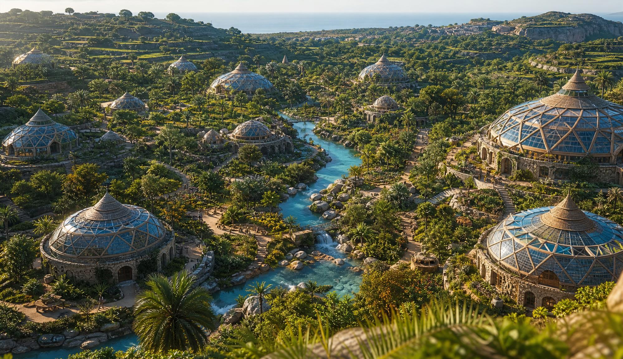 A steep green hillside with terraced cultivation stepping down between domes, a river below, sea on the horizon.