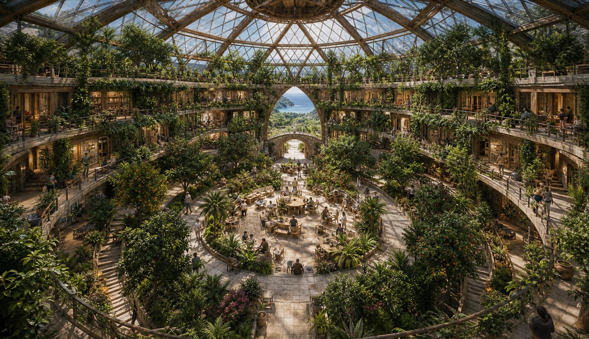 The interior atrium of a dome: stacked timber terraces, fruit trees in the middle, people at tables, the sea visible through a stone arch.