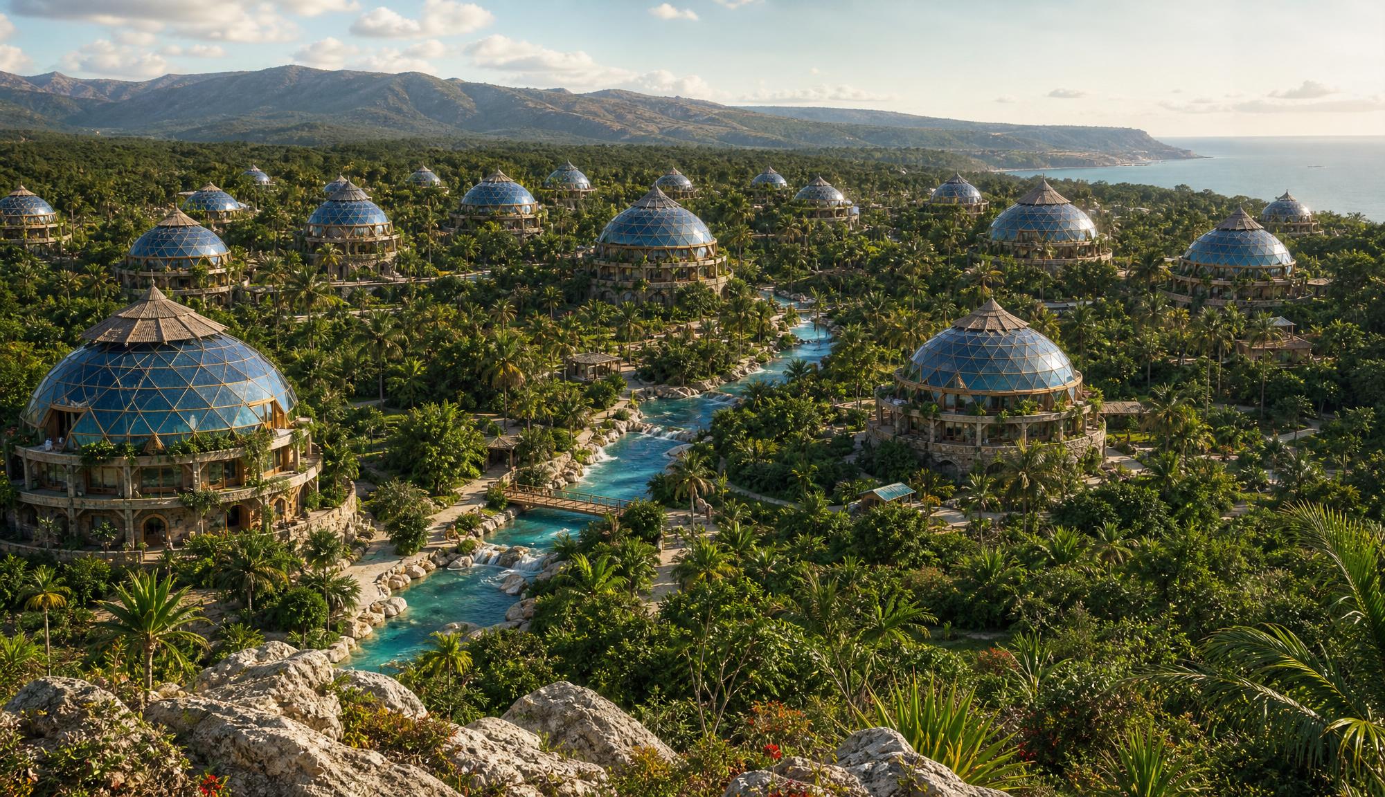 The same architecture spread across a coastal plain — thirty domes with blue glass caps, a cascading river, the sea to the right.