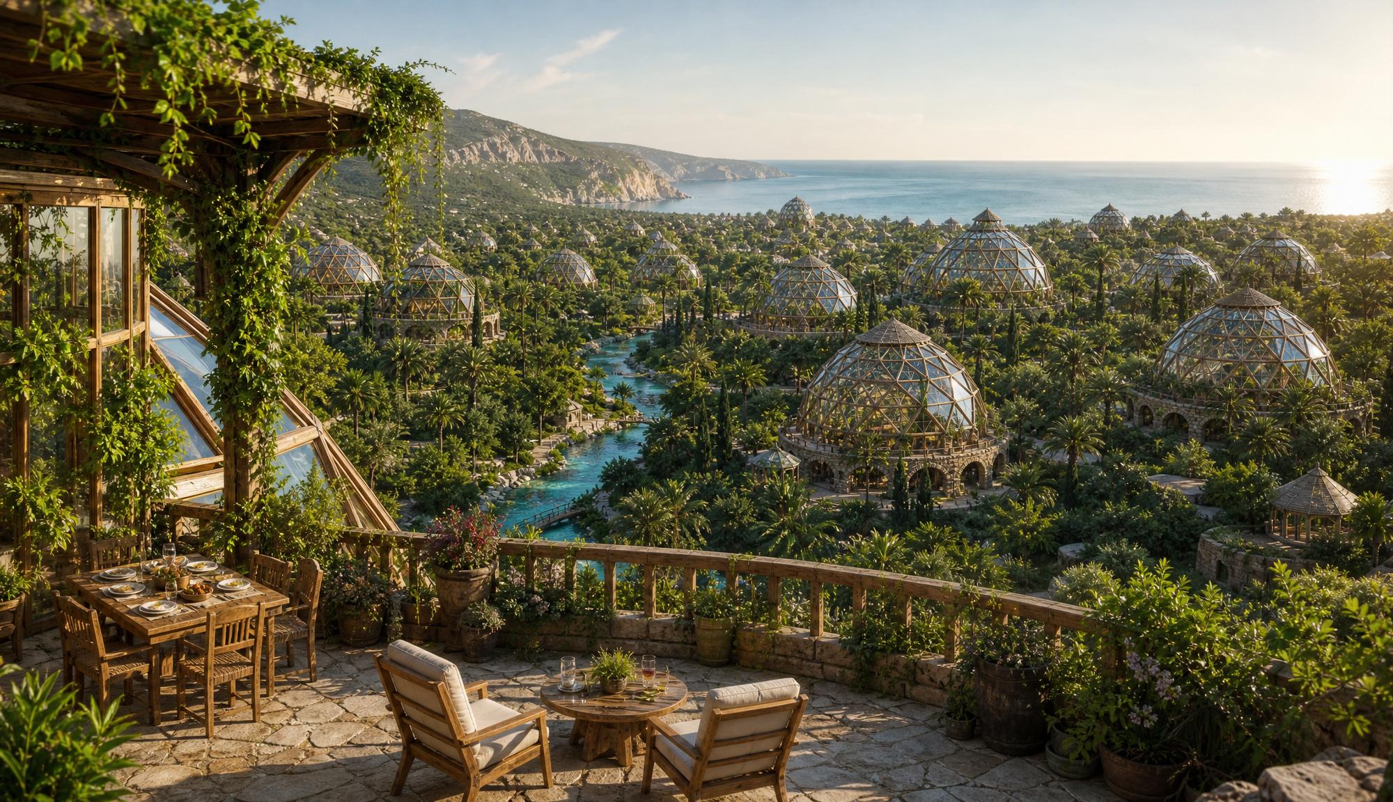 Golden hour from a private stone terrace — a table set for two, vines on the pergola, domes and a river below, the sea beyond.