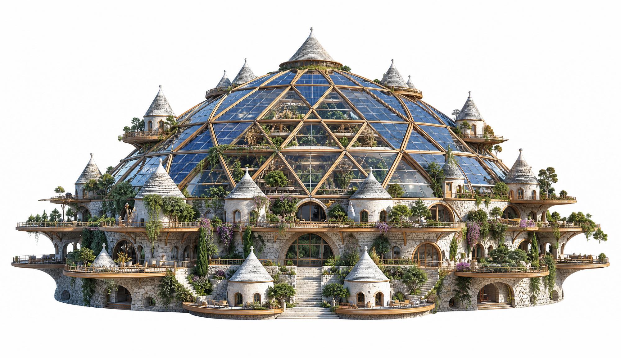 The same dome grown out of Apulian trulli — conical stone roofs at every terrace, dry-stone base, glass and timber above.