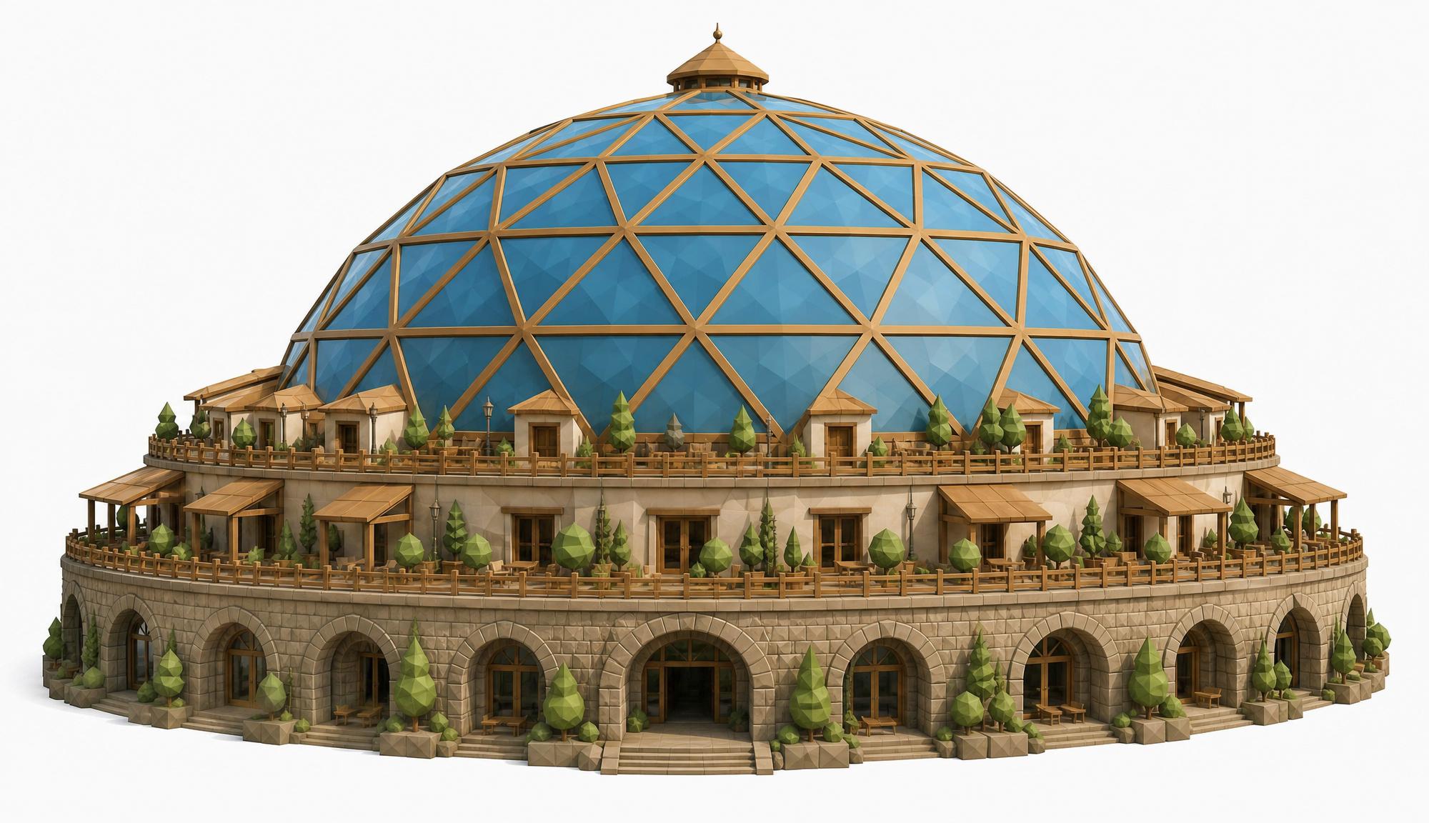 A single low-poly dome on stone arcades, in the game's own material language.