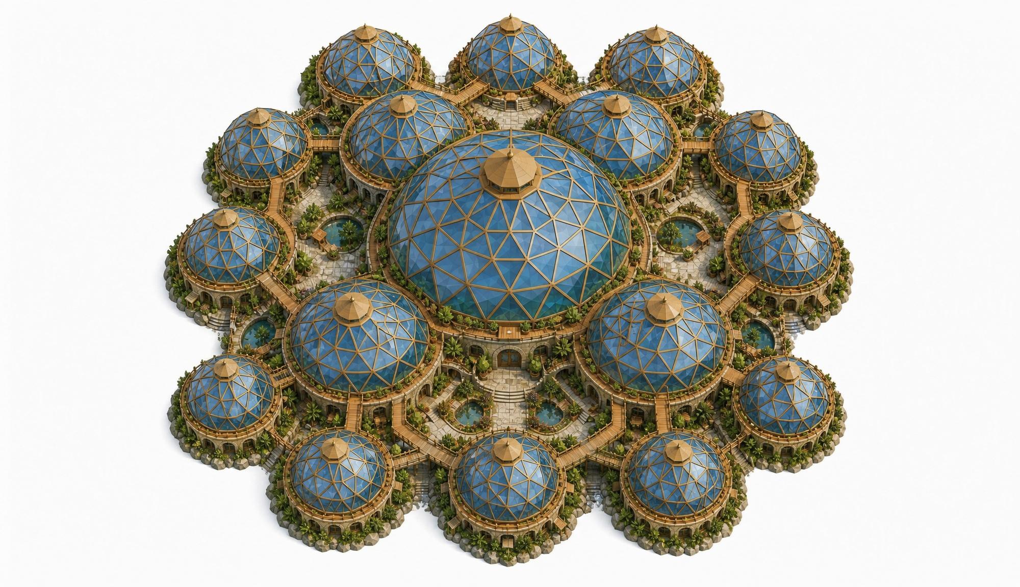 Twelve domes arranged around one large centre dome, linked by walkways and courtyards.