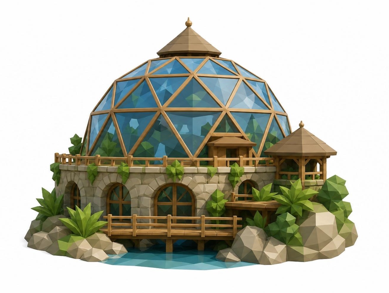 The smallest version: one dome, a terrace, a footbridge over water.