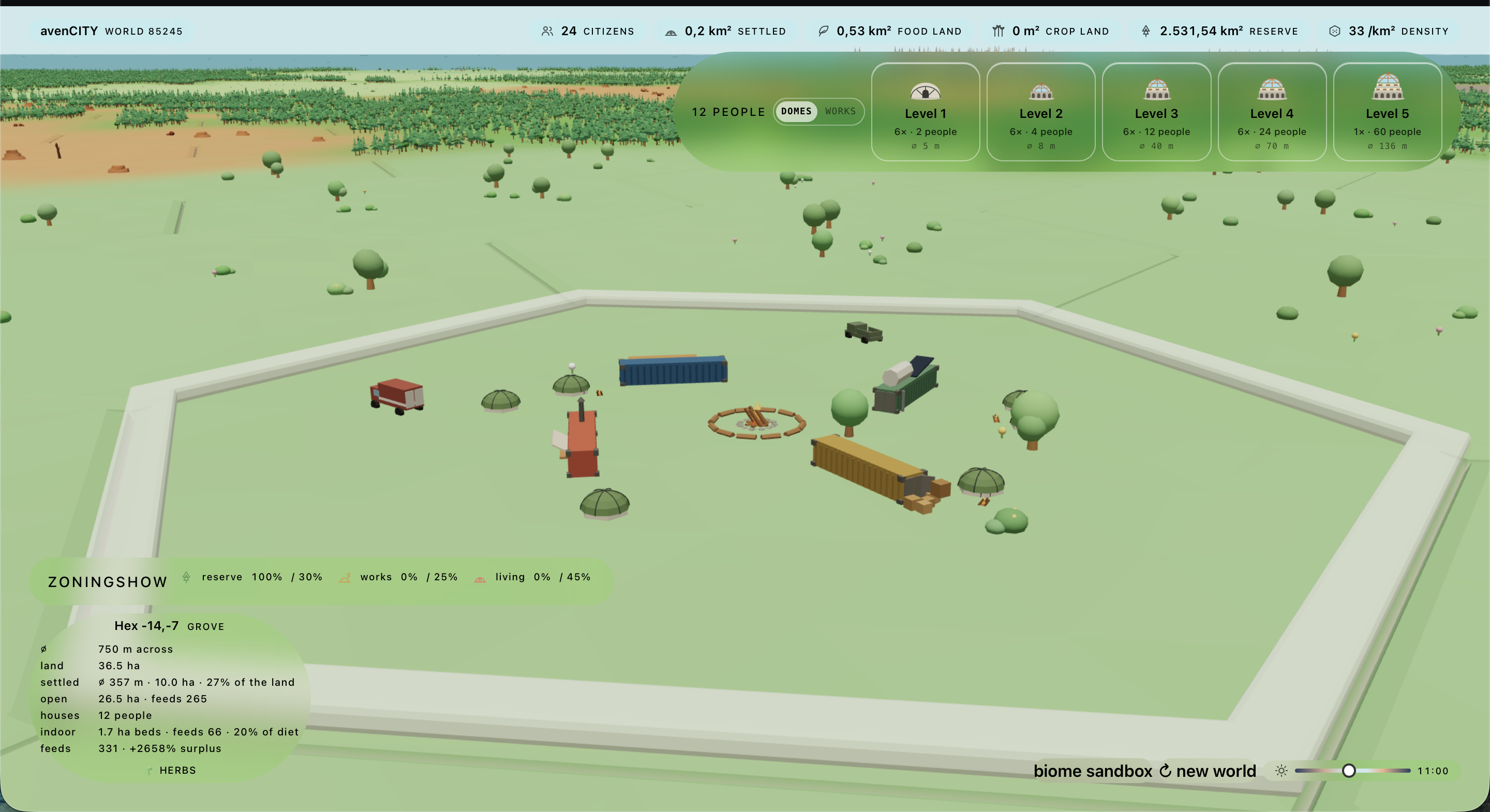 Level 1: six mini tents at 5 m across, two people each. Four containers, and a fire ring in the middle.
