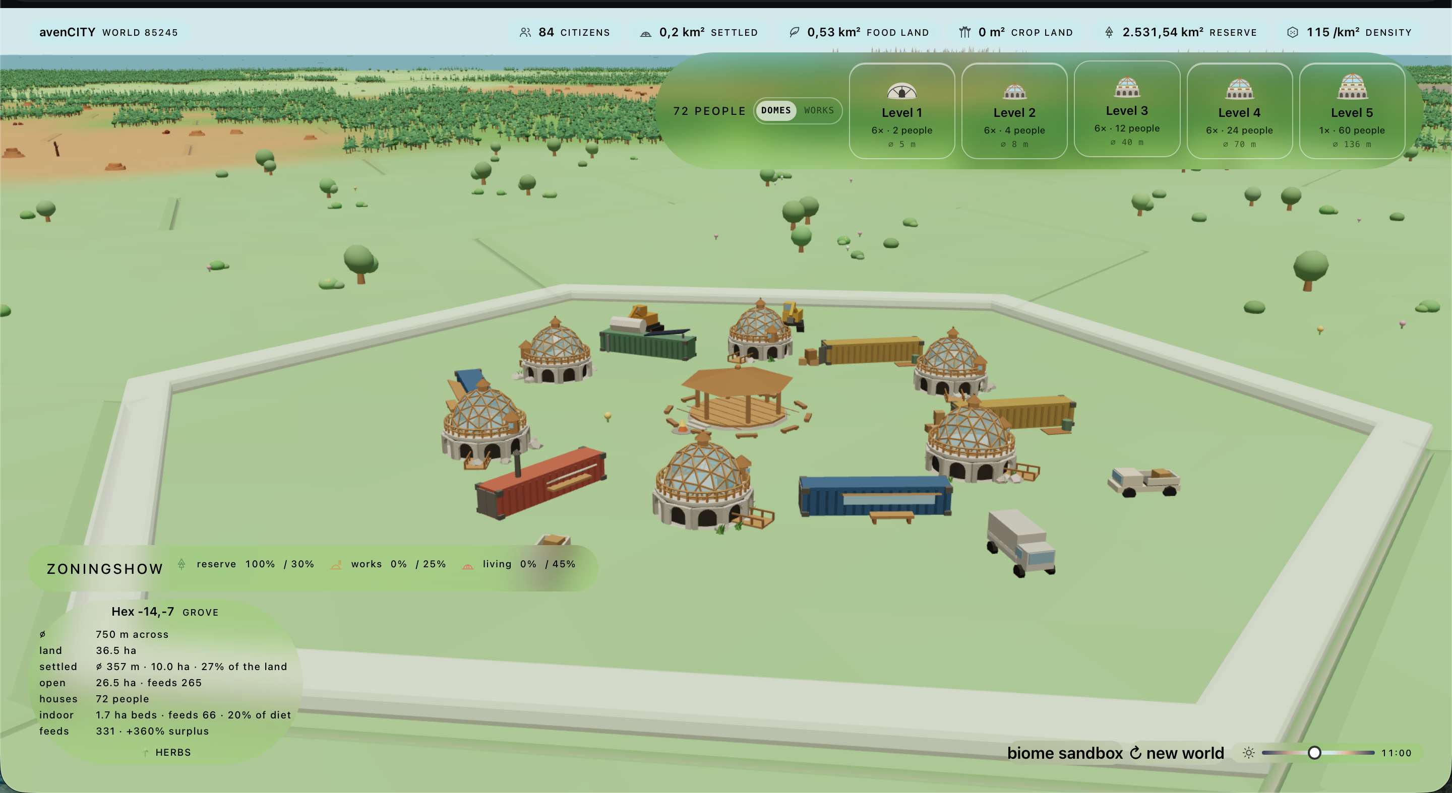 Level 3: 40 m domes holding twelve people each, 72 settlers, with a roofed commons at the centre.