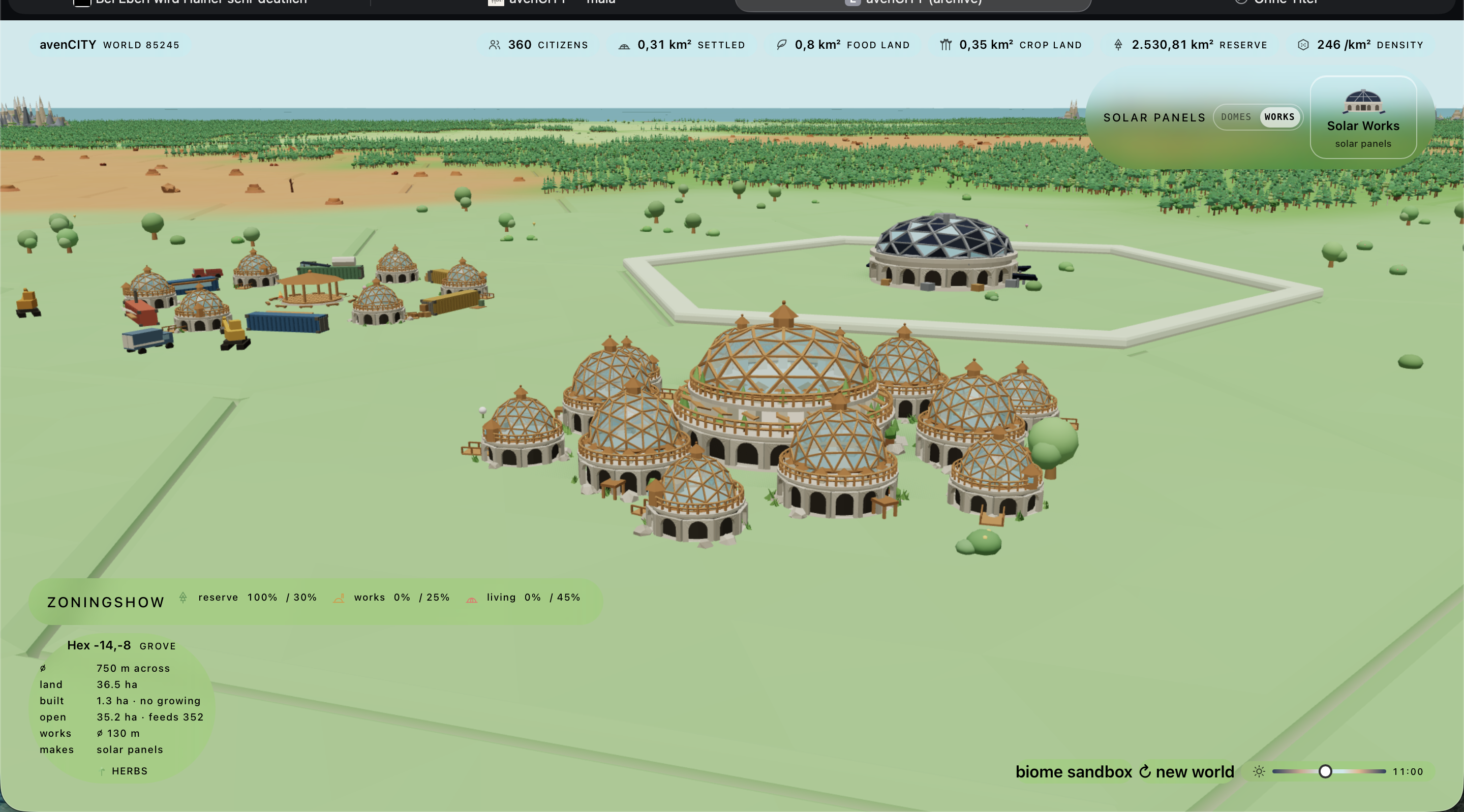 The works dome on the neighbouring hex — 130 metres across, owned and run by the settlement next door.